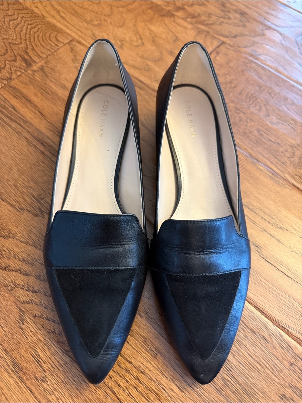 Cole Haan Black Leather and Suede Pointed Toe Flats